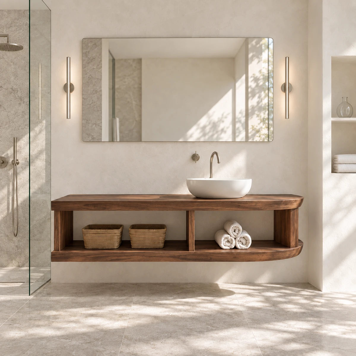 Floating bathroom vanity in natural solid wood with open shelf and vessel sink design