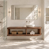 Floating bathroom vanity in natural solid wood with open shelf and vessel sink design