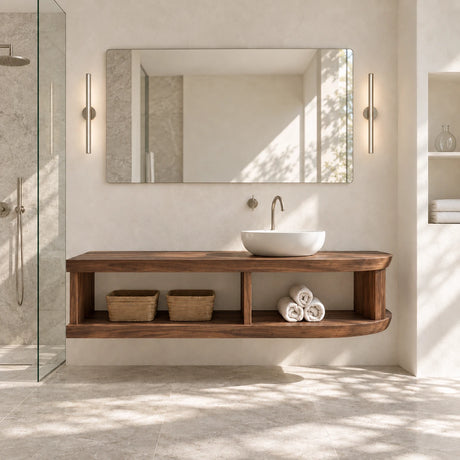 Floating bathroom vanity in natural solid wood with open shelf and vessel sink design