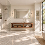 Wall mounted vanity in natural solid wood with long open shelf and rounded right corner