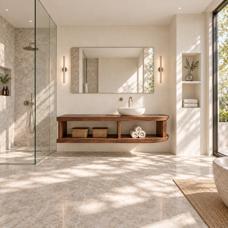 Wall mounted vanity in natural solid wood with long open shelf and rounded right corner