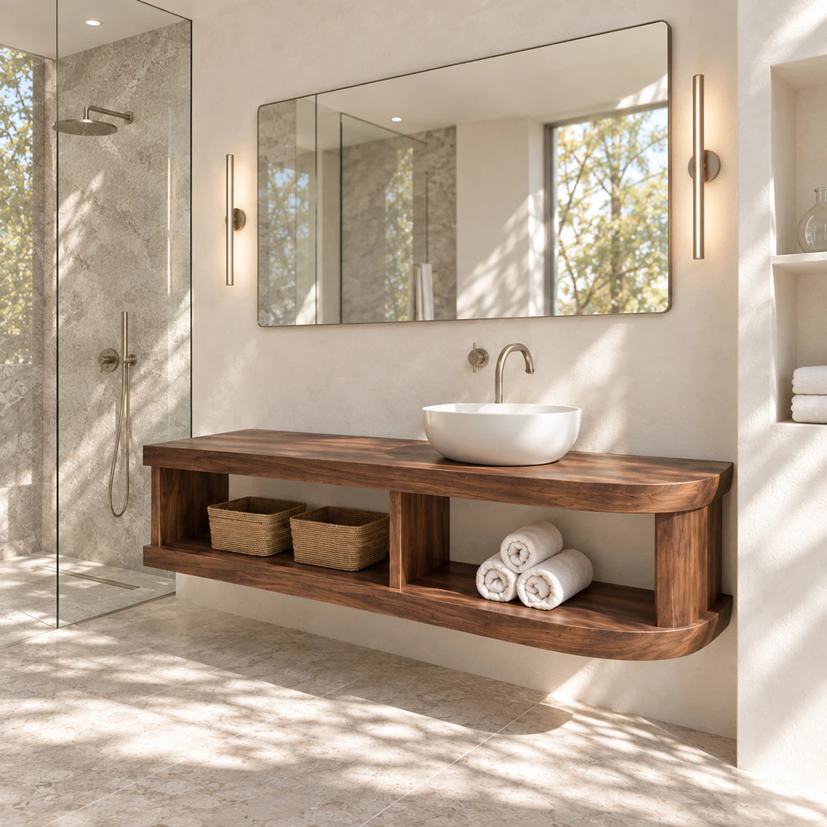 Single sink bathroom vanity in natural solid wood with towel storage and open shelving