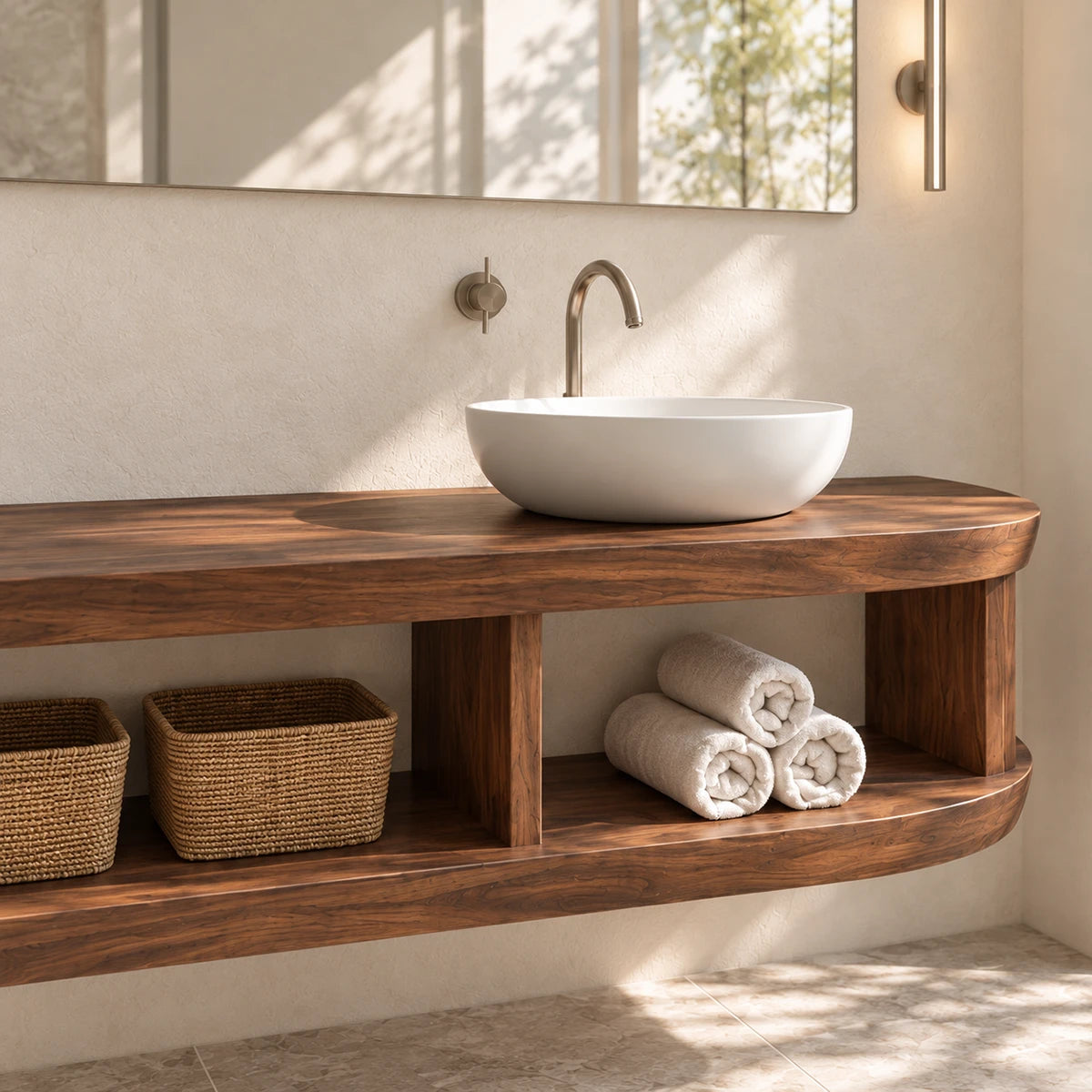 Minimalist bath vanity in natural solid wood with vessel basin and wide lower shelf