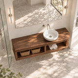 Contemporary vanity console in natural solid wood with open storage and curved edge