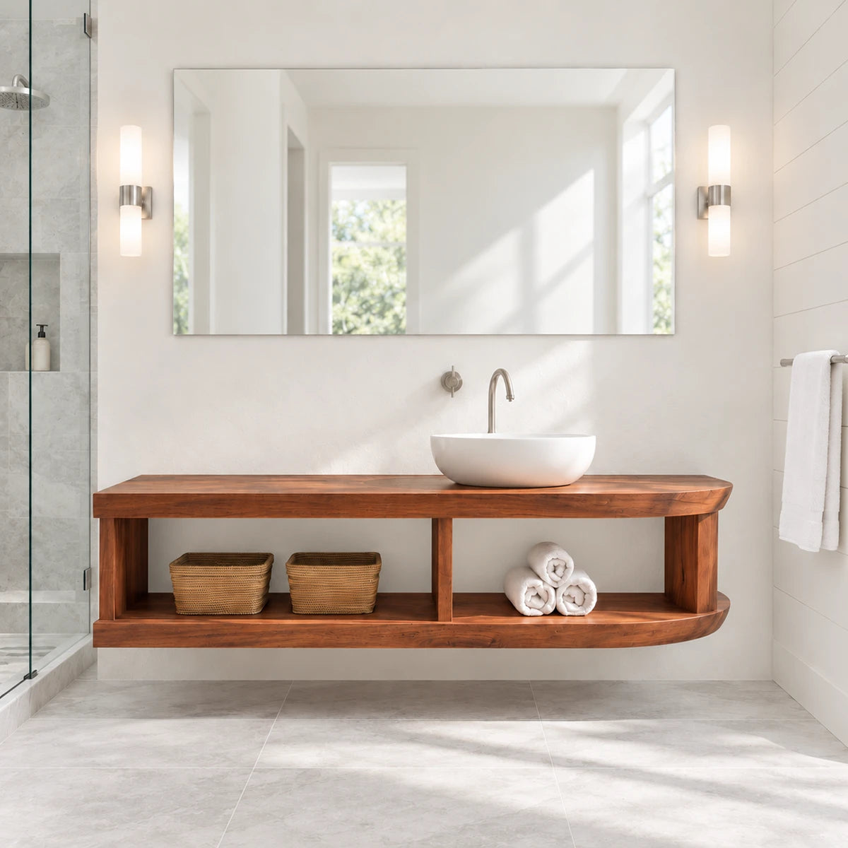 Open shelf bathroom vanity in natural solid wood with vessel sink and basket storage