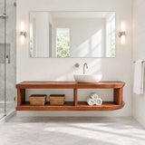 Open shelf bathroom vanity in natural solid wood with vessel sink and basket storage