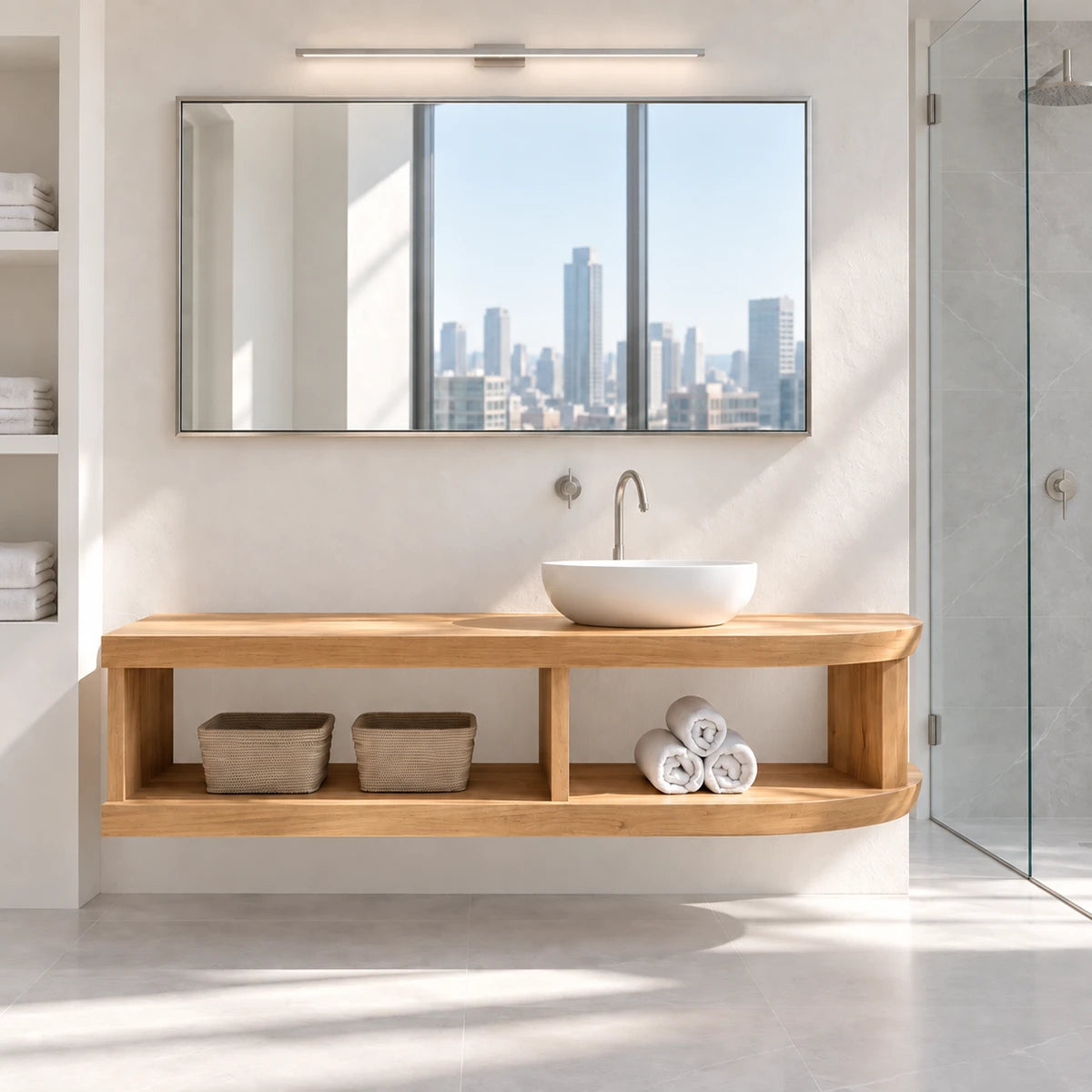 Modern sink vanity in natural solid wood with floating form and spacious towel shelf