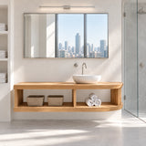 Modern sink vanity in natural solid wood with floating form and spacious towel shelf