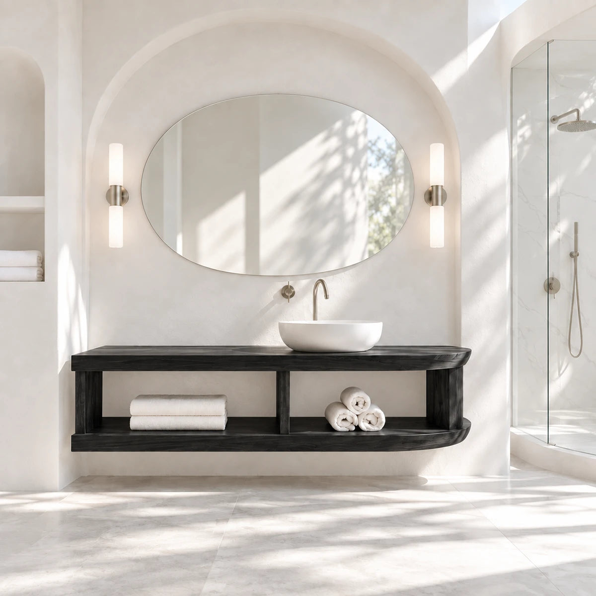 Refined bathroom vanity in natural solid wood with lower shelf and rounded side profile
