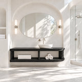 Refined bathroom vanity in natural solid wood with lower shelf and rounded side profile