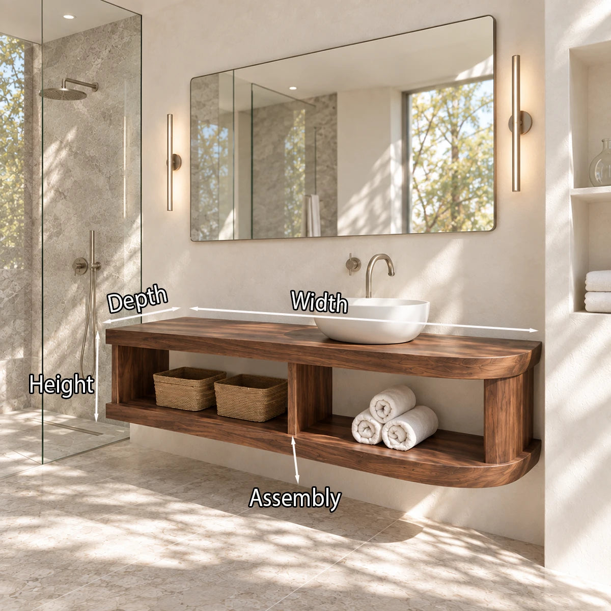 Space saving bath vanity in natural solid wood with open storage and vessel basin top
