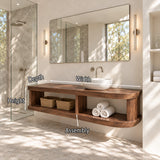 Space saving bath vanity in natural solid wood with open storage and vessel basin top