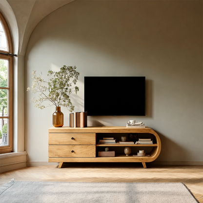 Asymmetrical Natural Solid Wood TV Stand with Drawers and Open Shelf Storage - ArborisWood - 10