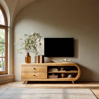 Asymmetrical Natural Solid Wood TV Stand with Drawers and Open Shelf Storage - ArborisWood - 11