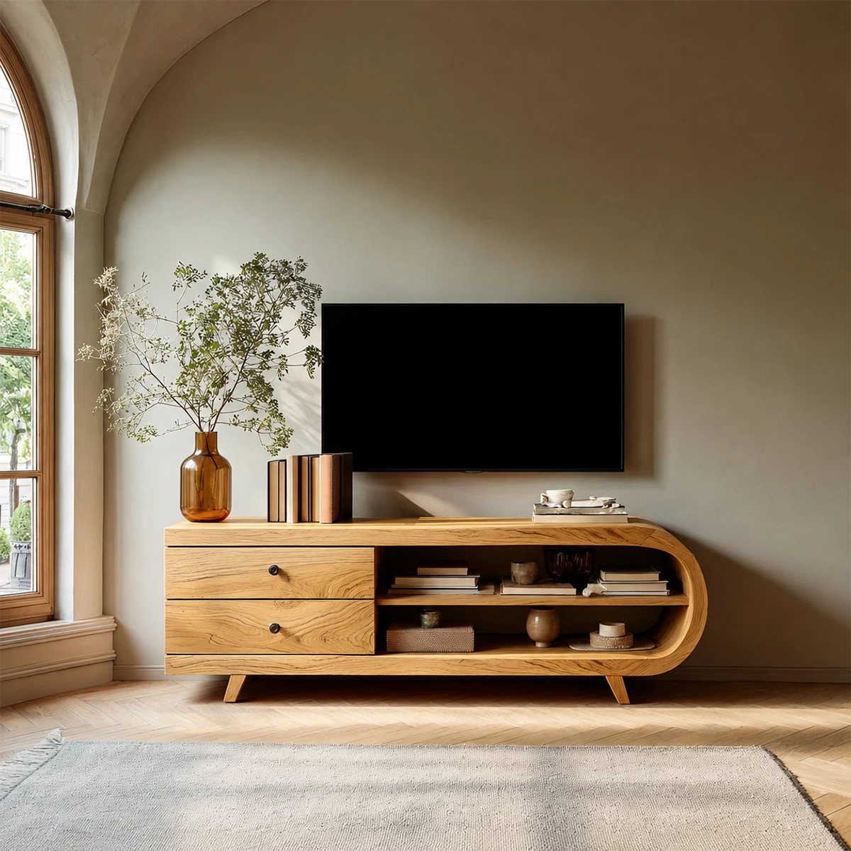 Asymmetrical Natural Solid Wood TV Stand with Drawers and Open Shelf Storage - ArborisWood - 12