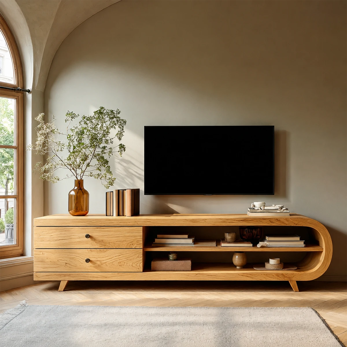 Asymmetrical Natural Solid Wood TV Stand with Drawers and Open Shelf Storage - ArborisWood - 13