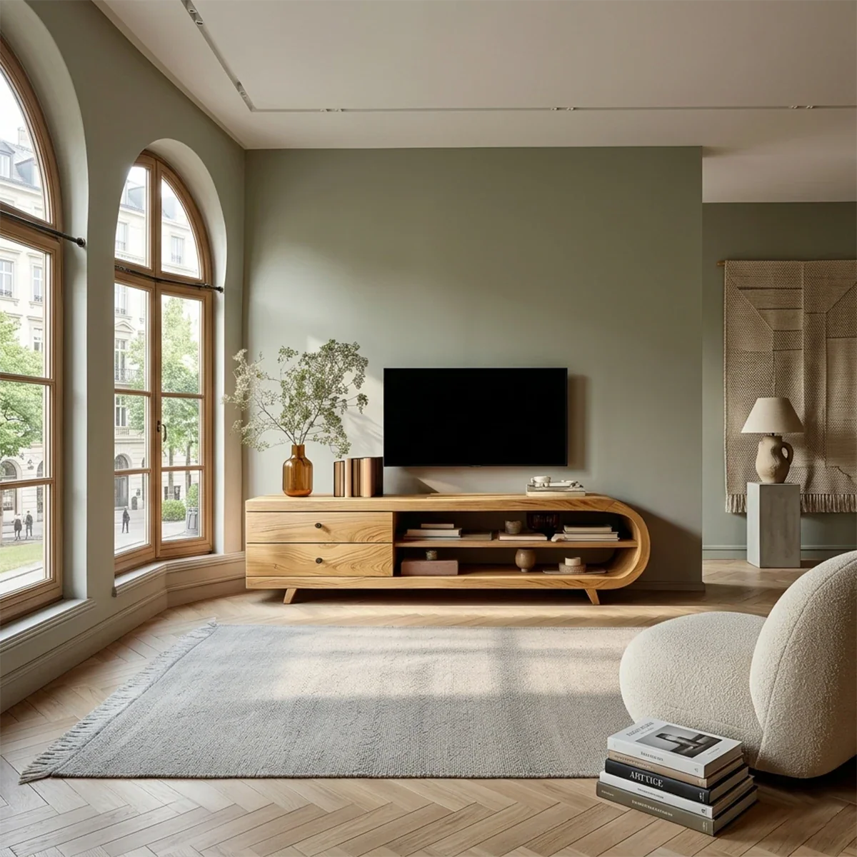Asymmetrical Natural Solid Wood TV Stand with Drawers and Open Shelf Storage - ArborisWood - 2