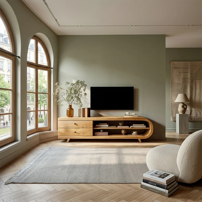 Asymmetrical Natural Solid Wood TV Stand with Drawers and Open Shelf Storage - ArborisWood - 2