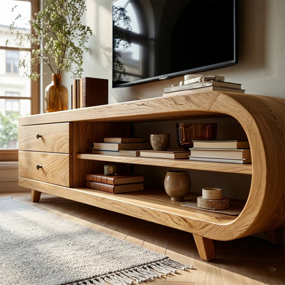 Asymmetrical Natural Solid Wood TV Stand with Drawers and Open Shelf Storage - ArborisWood - 3