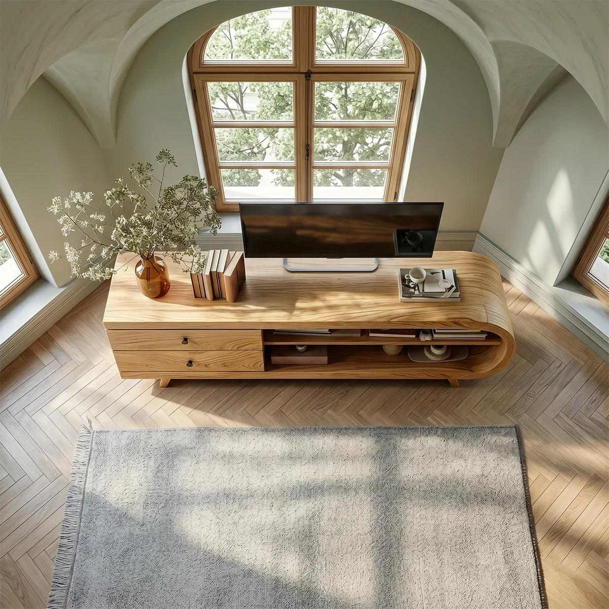 Asymmetrical Natural Solid Wood TV Stand with Drawers and Open Shelf Storage - Arboriswood - 4