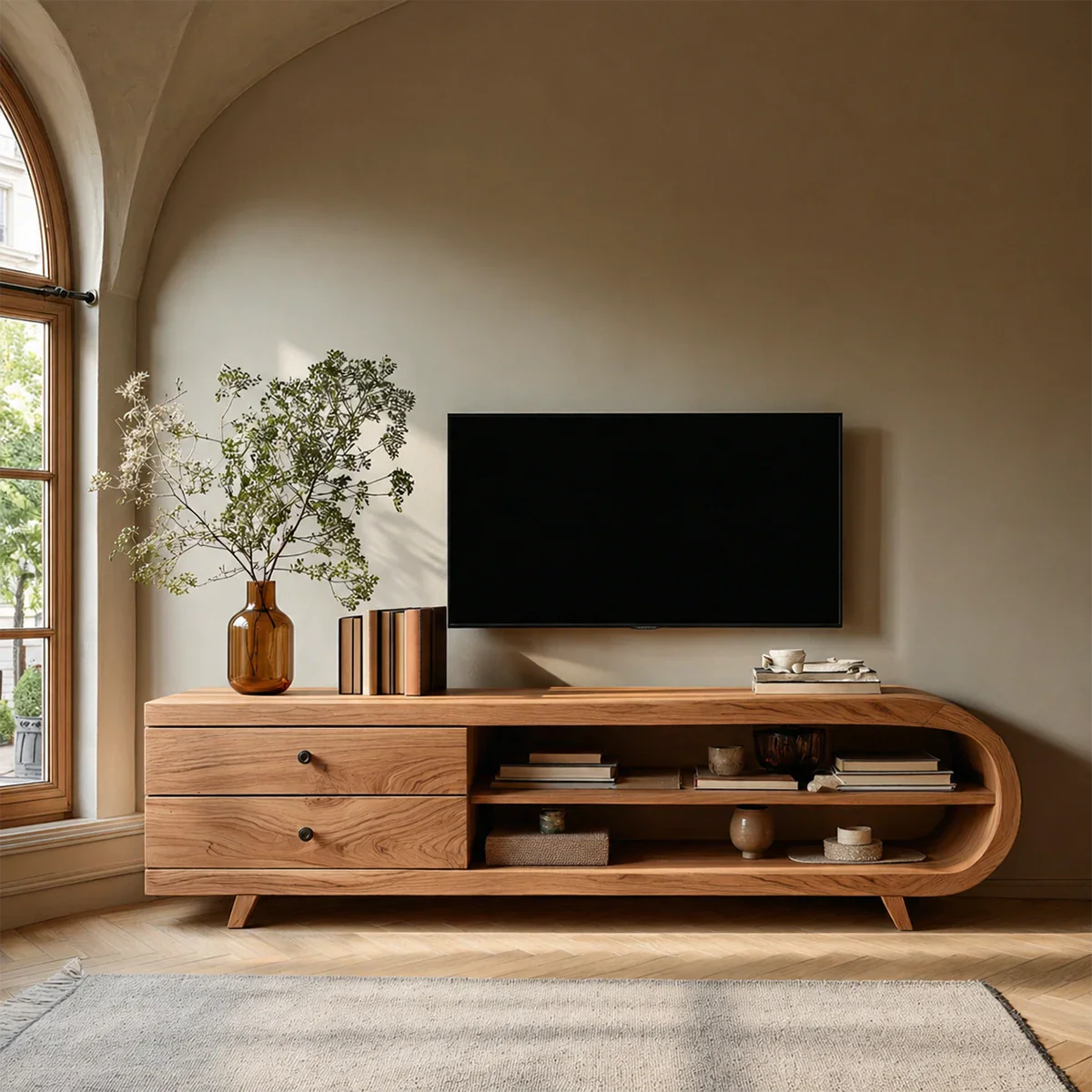 Asymmetrical Natural Solid Wood TV Stand with Drawers and Open Shelf Storage - ArborisWood - 5