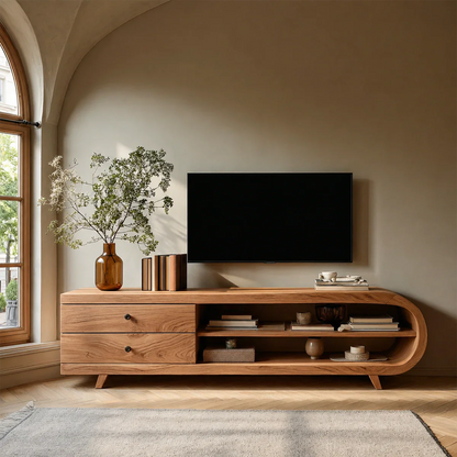 Asymmetrical Natural Solid Wood TV Stand with Drawers and Open Shelf Storage - ArborisWood - 5