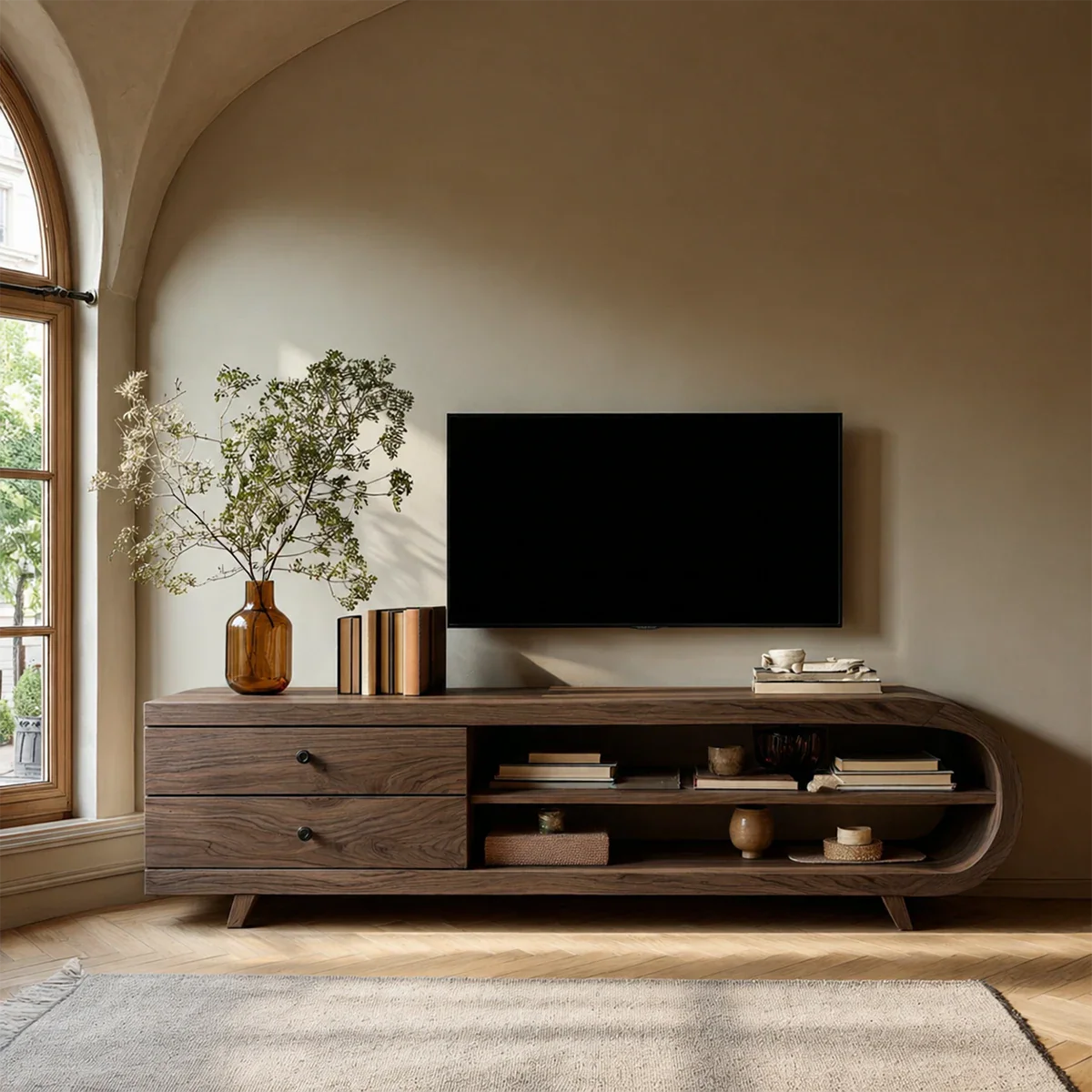 Asymmetrical Natural Solid Wood TV Stand with Drawers and Open Shelf Storage - ArborisWood - 6