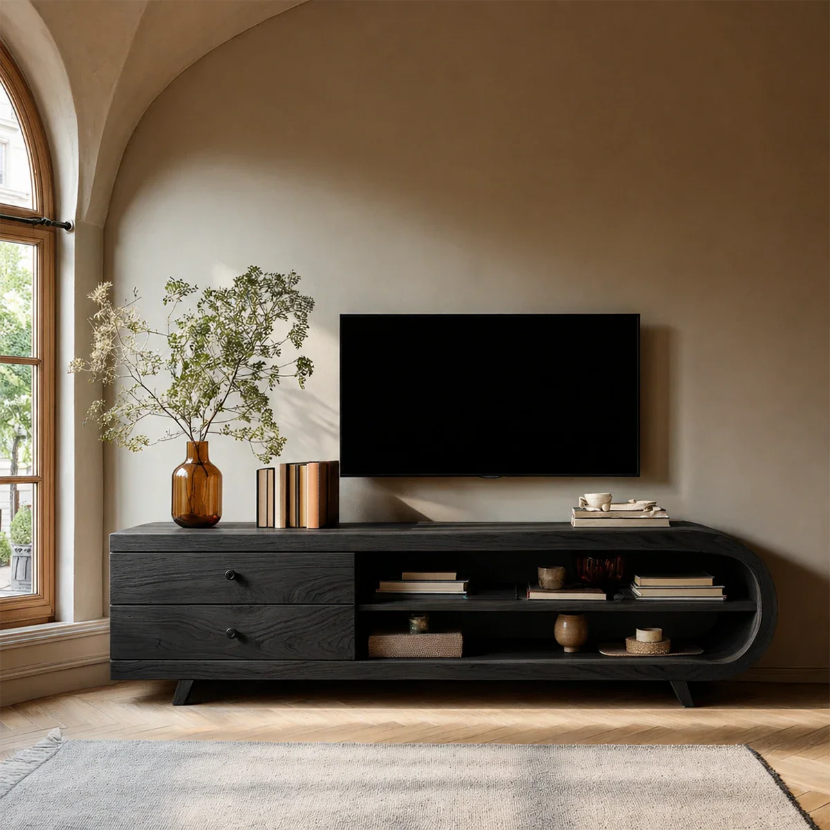 Asymmetrical Natural Solid Wood TV Stand with Drawers and Open Shelf Storage - ArborisWood - 7