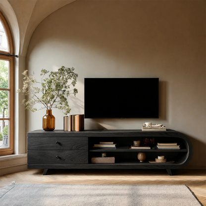 Asymmetrical Natural Solid Wood TV Stand with Drawers and Open Shelf Storage - ArborisWood - 7