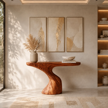 Luxury foyer table with a fluid pedestal base and generous top for decor display
