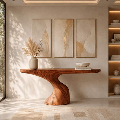 Wood tone console table with a bold curved base and elegant architectural profile