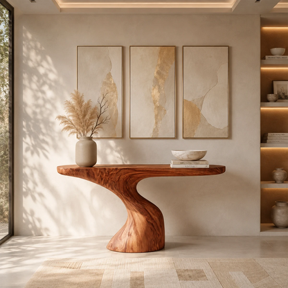 Organic modern console table with curved support and warm wood tone finish indoors