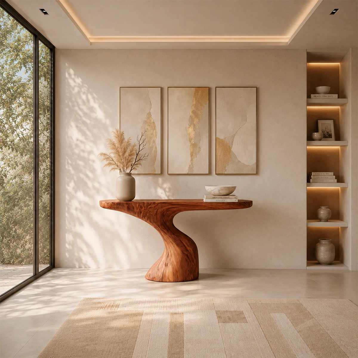 Sculptural console table with flowing pedestal base in a bright modern entryway space
