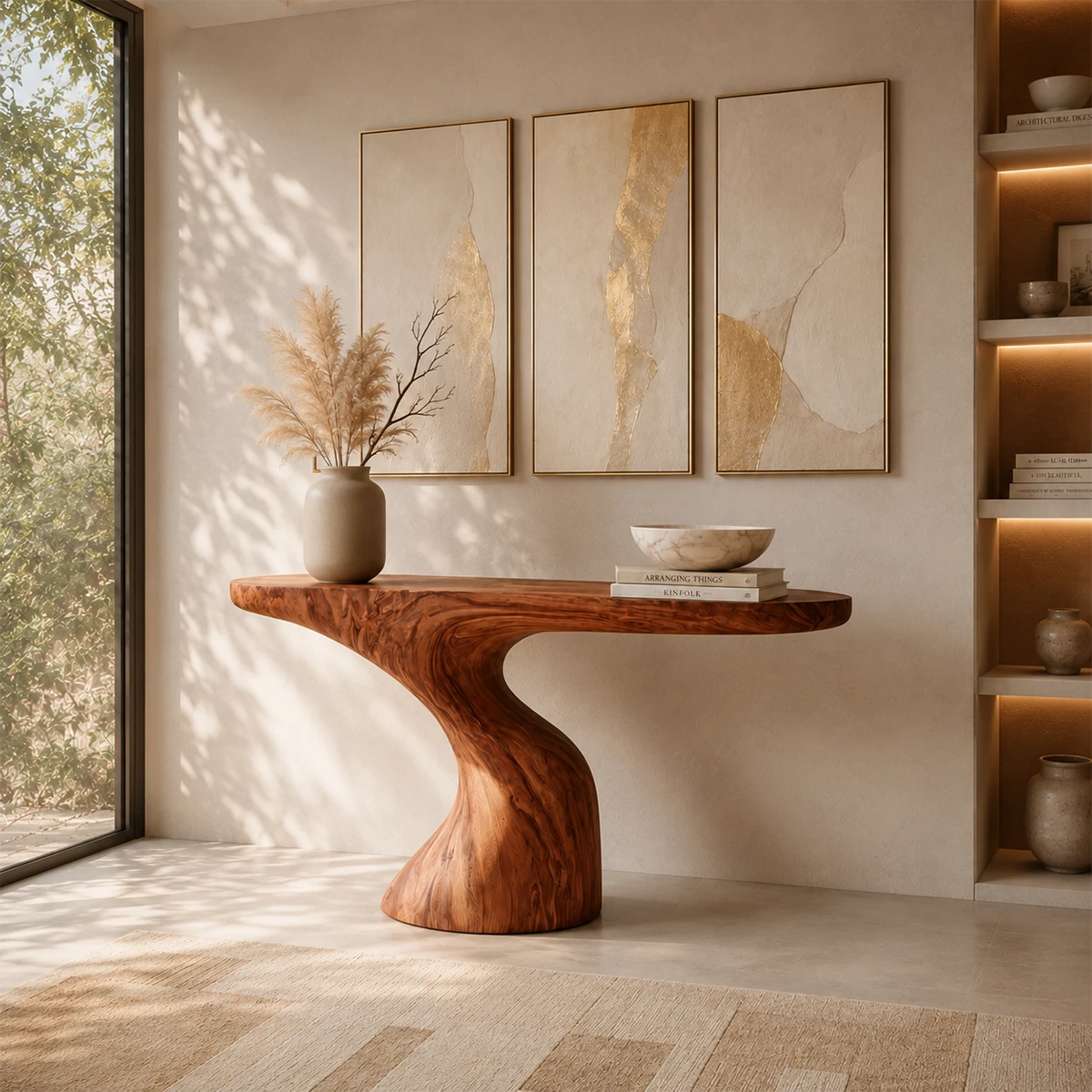 Entryway console table featuring a sculpted base and broad display surface for decor