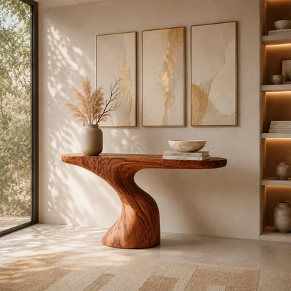 Entryway console table featuring a sculpted base and broad display surface for decor