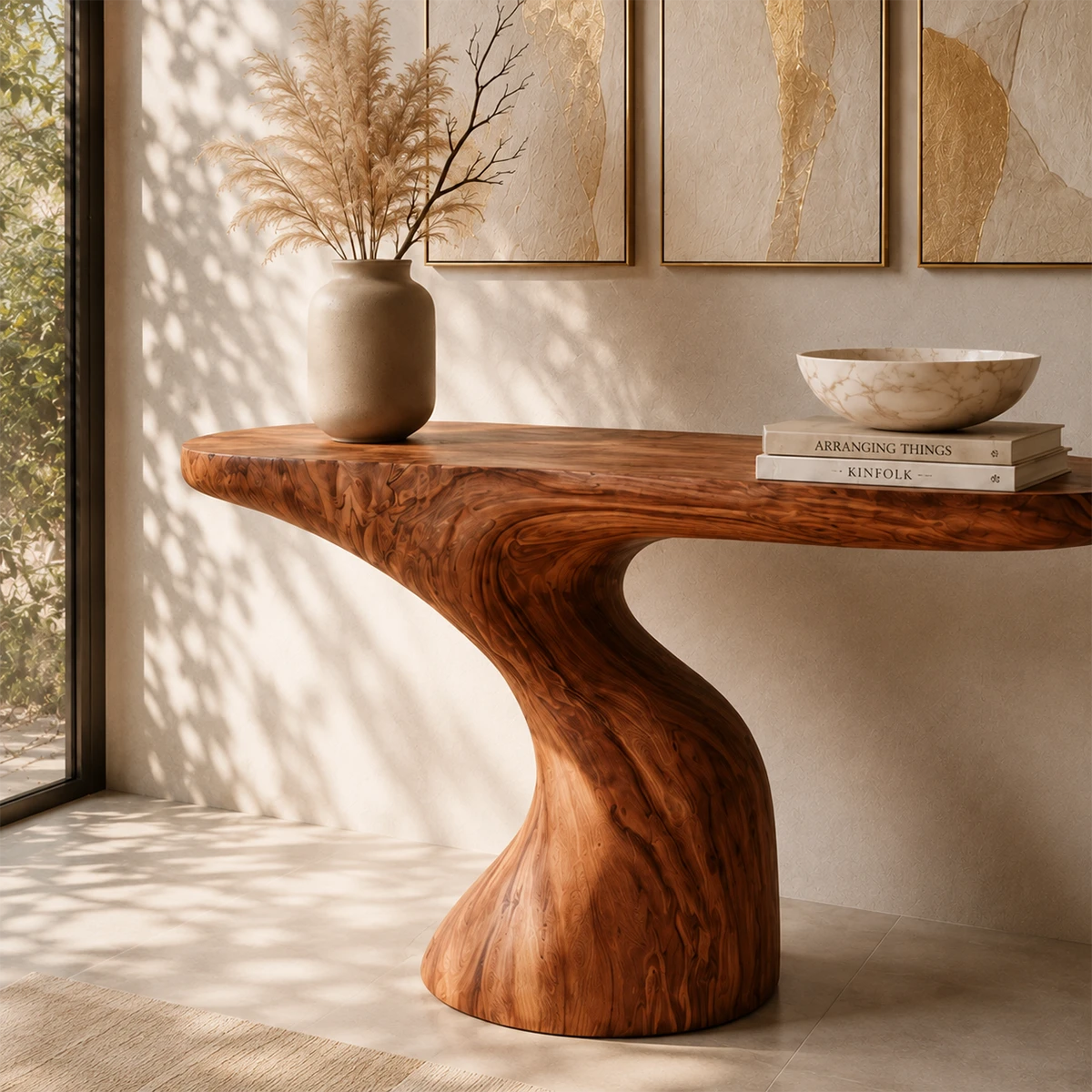 Designer hallway table with flowing architecture and visible grain in a calm interior
