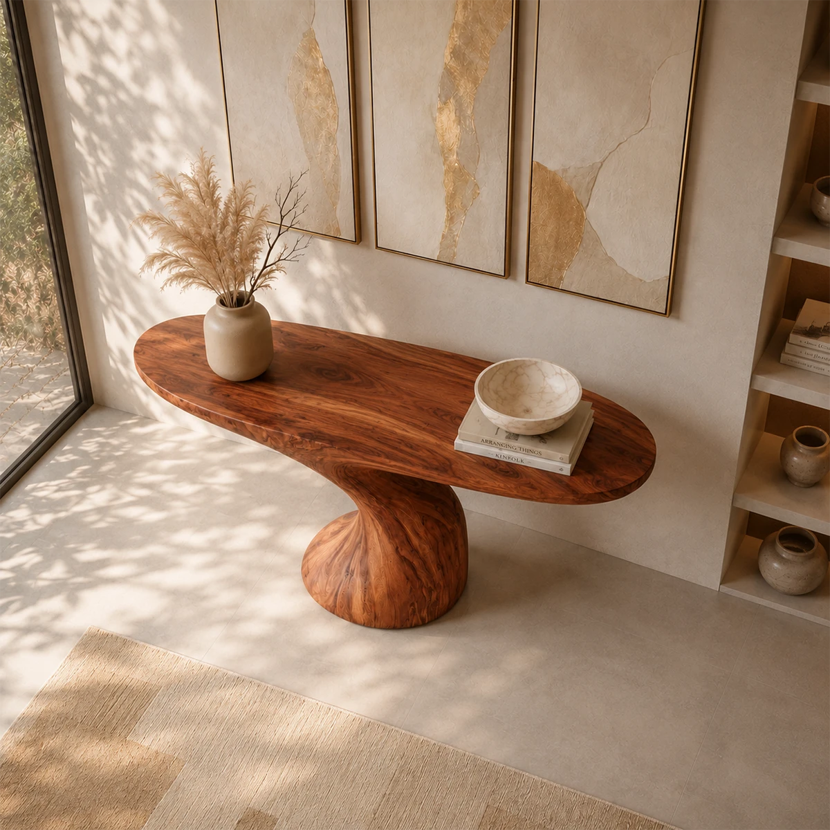 Narrow console table with a dramatic pedestal base for refined foyer styling indoors