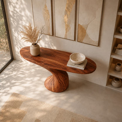 Narrow console table with a dramatic pedestal base for refined foyer styling indoors