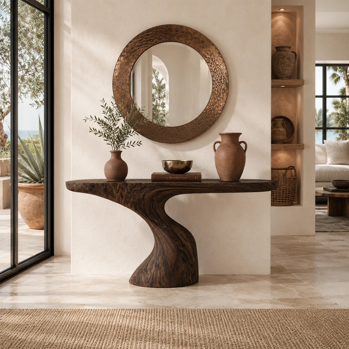Artistic sofa table with sweeping curves and a warm finish in a serene living space