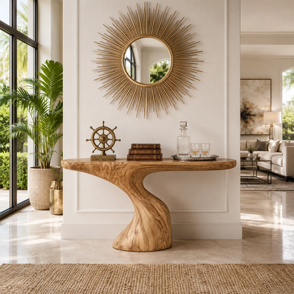 Modern accent console with sculptural support and clean styling beneath wall art