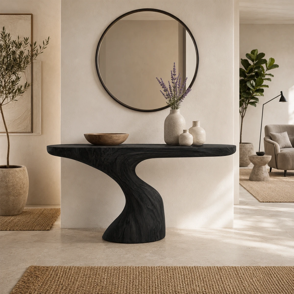 Curved console table displayed with books and decor in a bright luxury home setting