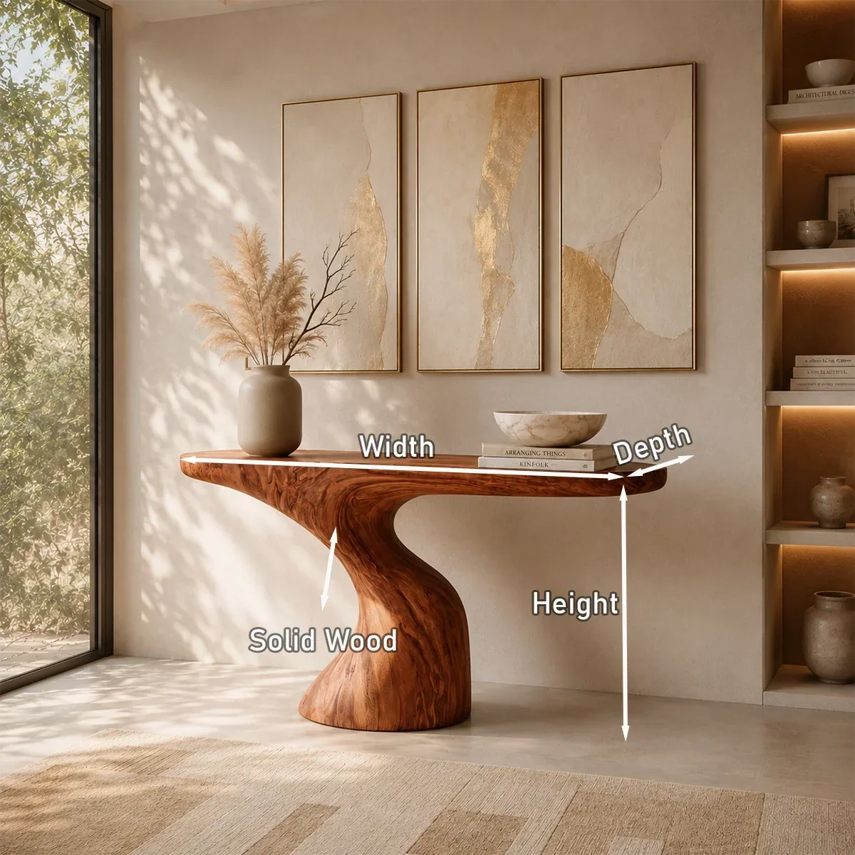 Statement console table blends organic form and warm wood tone in minimalist interiors