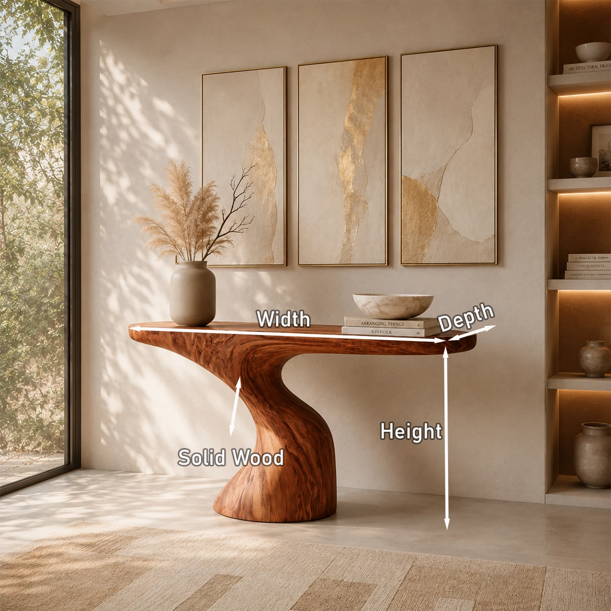 Statement console table blends organic form and warm wood tone in minimalist interiors