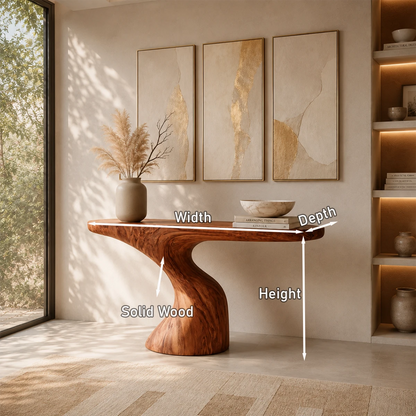 Statement console table blends organic form and warm wood tone in minimalist interiors