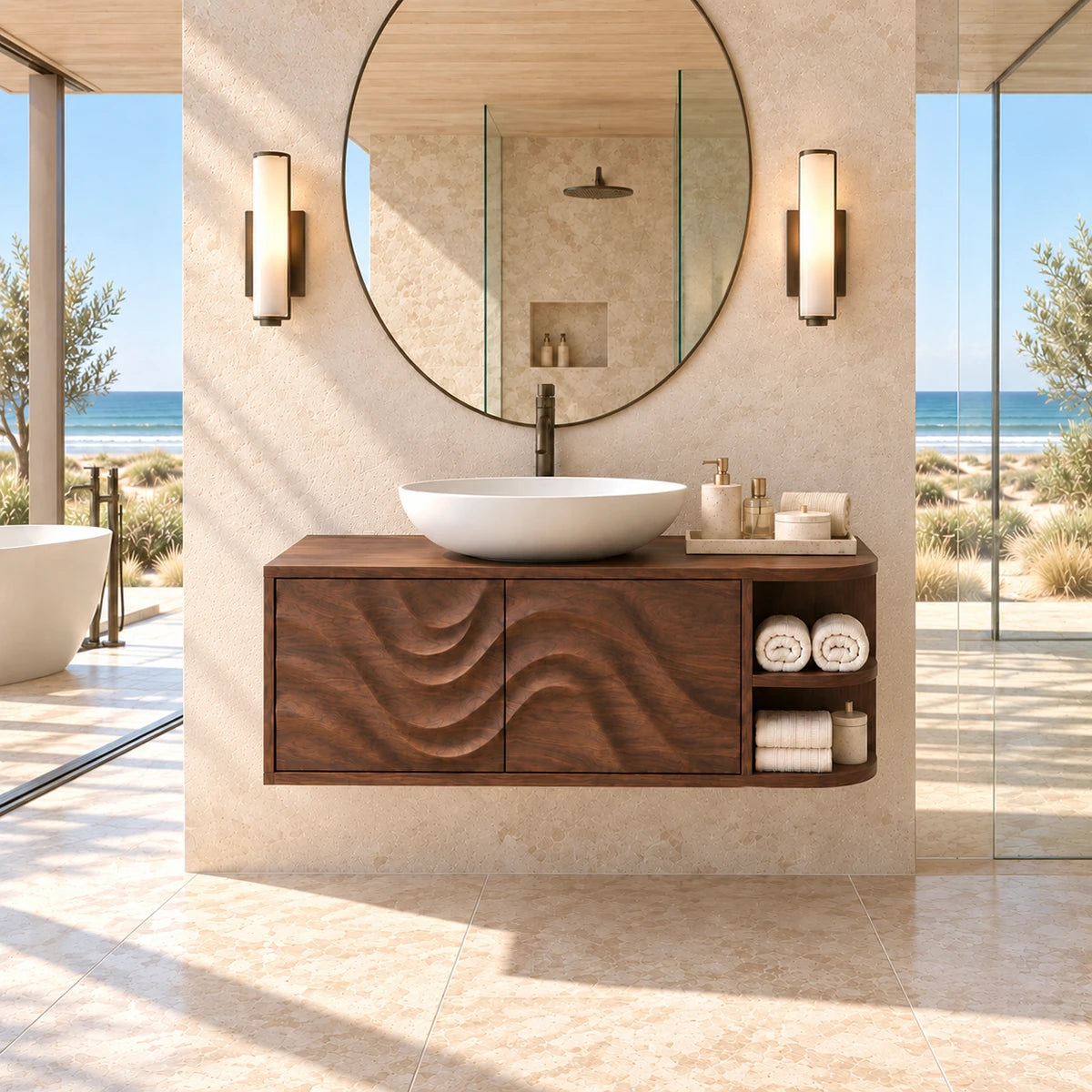 Statement vanity unit in natural solid wood with carved wave panels and open side storage