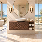Refined bathroom furniture in natural solid wood with relief fronts and compact shelving
