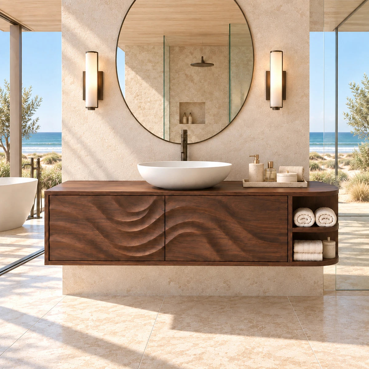 1. Natural solid wood bath vanity with flowing carved doors and integrated end shelf storage