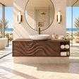 Floating bathroom vanity in natural solid wood with carved wave fronts and side shelving