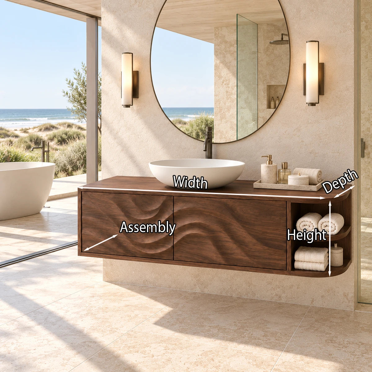Streamlined bath cabinet in natural solid wood with sculptural doors and rounded shelving