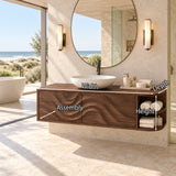 Streamlined bath cabinet in natural solid wood with sculptural doors and rounded shelving